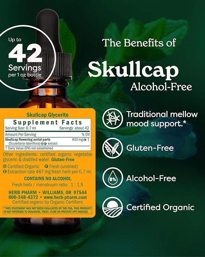 Herb Pharm Certified Organic Skullcap Liquid Extract for Nervous System Support, 1 Fl Oz