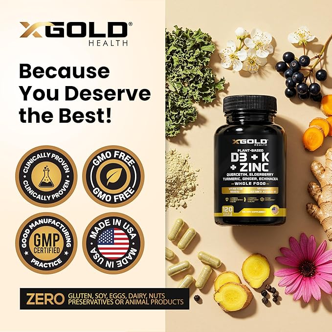 Vitamin D, K2, K1, Zinc, Quercetin, Elderberry, Turmeric, Ginger & Echinacea Whole Food Supplement 8 in 1- D3 5000 IU Plant-Based from Lichen, Vitamin K (K2 MK7, MK4, K1), D3 K2 Vitamins -120 Capsules