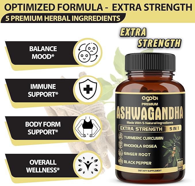5in1 Premium Ashwagandha Capsules - Added Turmeric, Rhodiola Rosea, Ginger, Black Pepper - 180 Caps for 6 Months