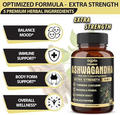 5in1 Premium Ashwagandha Capsules - Added Turmeric, Rhodiola Rosea, Ginger, Black Pepper - 180 Caps for 6 Months