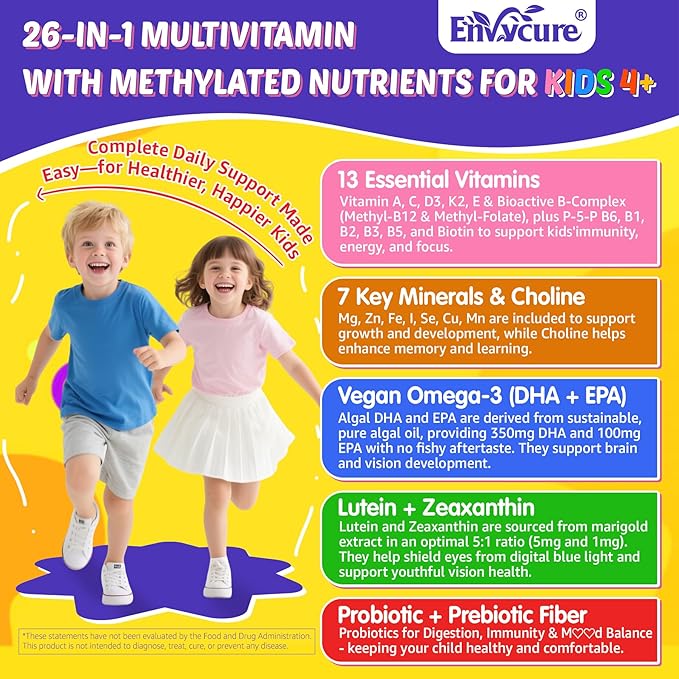 Kids Multivitamin Gummies with Iron, 450mg Algae Omega-3, Methylated B12, Folate, Fiber 2g, Probiotics, Magnesium, A, C, D, K, Zinc,Children Vitamins for Growth, Brain, Eye, Gut, Immune,Kids 4+ 120Cts