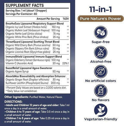 11-in-1 Liposomal Respiratory Relief Drops - Mullein Drops for Lungs with Elderberry, Licorice Root - Support Lung Cleanse and Mucus Relief - Suitable for Kids and Adults (1 Pack)