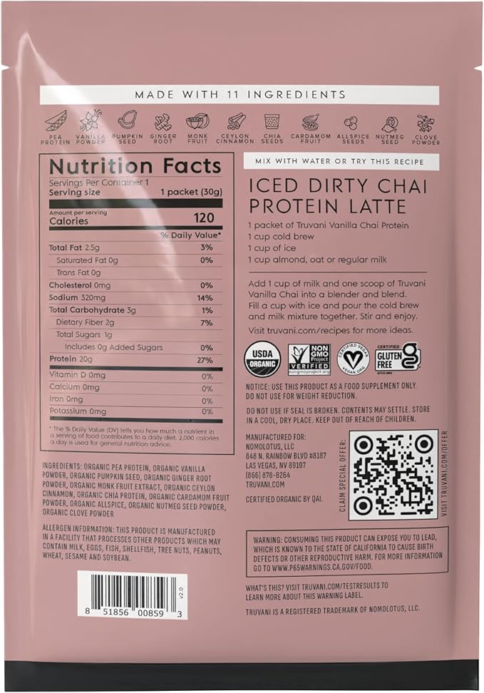 Truvani Vegan Pea Protein Powder | Vanilla Chai | 20g Organic Plant Based Protein | 1 Serving | Keto | Gluten & Dairy Free | Low Carb | No Added Sugar
