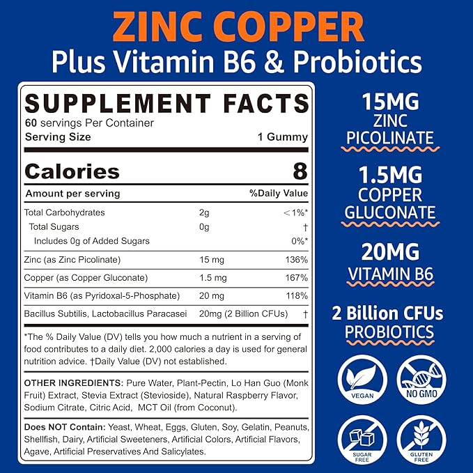 Zinc Picolinate Gummies with Copper + Probiotics, Vitamin B6 for Max Absorption, Zinc Supplements for Men and Women, Two Essential Minerals Balance Formula for Immunity and Gut Health, Vegan, 60 Cts