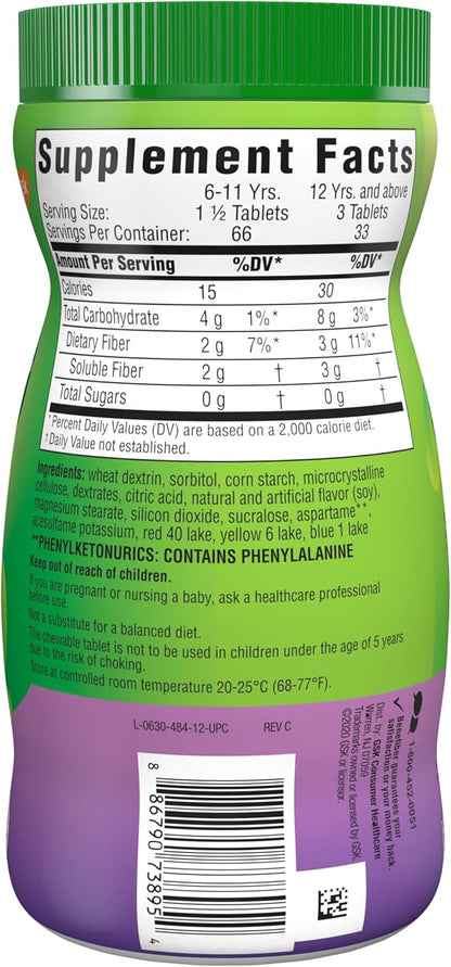 Benefiber Chewable Prebiotic GLP-1 Friendly Fiber Supplement Tablets for Digestive Health, Assorted Fruit Flavors - 100 Count