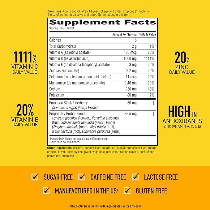 Airborne Elderberry Extract + Vitamin C 1000mg (per Serving) - Effervescent Tablets (20 Count in a Box), Gluten-Free Immune Support Supplement, with Vitamins A C E, Zinc, Selenium, Sugar Free