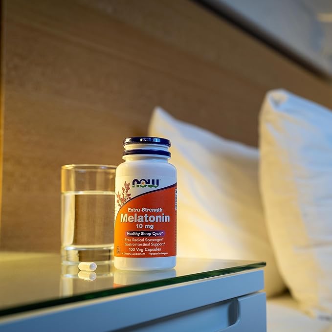 NOW Foods Supplements, Melatonin, Extra Strength 10 mg, Free Radical Scavenger*, Healthy Sleep Cycle*, 100 Veg Capsules