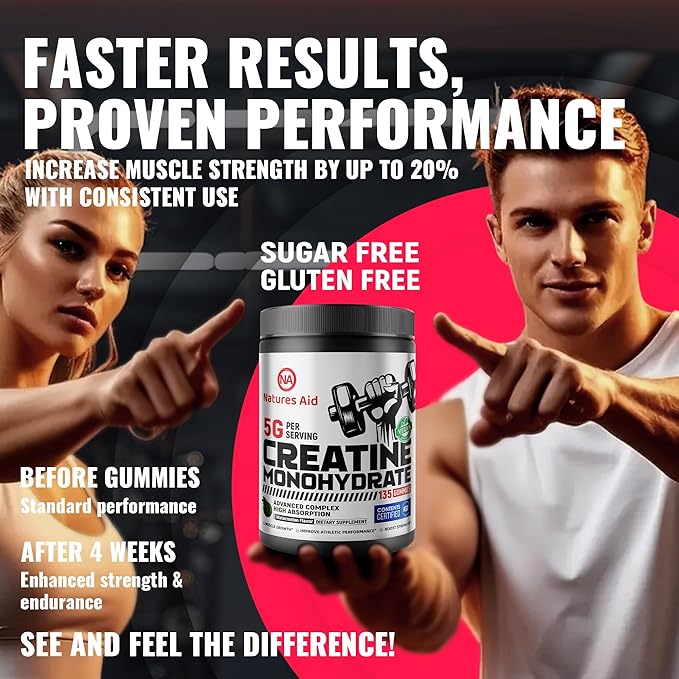 Natures Aid NSF Certified Creatine Gummy 5g - Creatine Monohydrate Gummies – Pre-Workout Energy & Muscle Growth Support for Men & Women | Watermelon Electrolyte Gummies (135 Count)