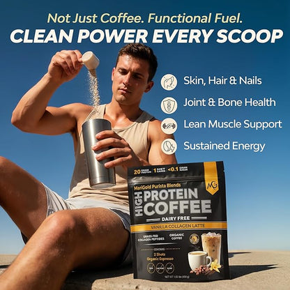 MariGold High Protein Collagen Coffee - Vanilla Collagen Latte, Dairy Free, 20g Grass-Fed Type I & III Collagen Peptides, Energy Boost, 2 Shots Organic Espresso, Non-GMO, 1 Lb Bag, 15 Servings