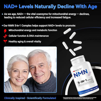 NMN Supplement, 5-in-1 Complex with NAC, Alpha Lipoic Acid, CoQ10 & Resveratrol - High Absorption Anti Aging Formula - Third Party Tested, cGMP, Gluten Free - 60 Capsules