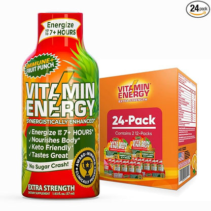 Vitamin Energy Immune+ Extra Strength Energy Shot Fruit Punch 24 Pack, 260mg Natural Caffeine, B-Vitamins, Citicoline, Green Tea, Immunity & Focus Support, Zero Sugar, Gluten-Free 1.93 fl oz