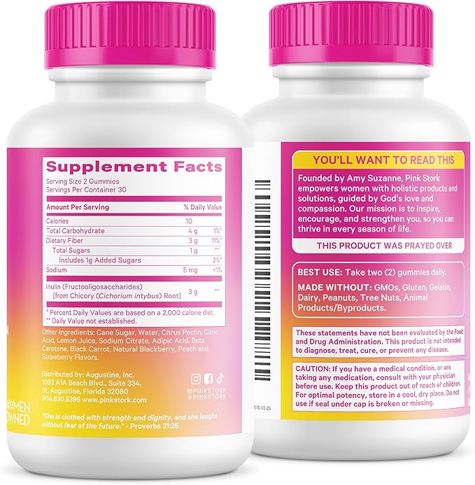 Pink Stork Prenatal Fiber Gummies for Women - 3g Prebiotic Inulin from Chicory Root - Natural Pregnancy & Postpartum Stool Softeners for Constipation & Digestive Health - 60 Vegan Fiber Chews