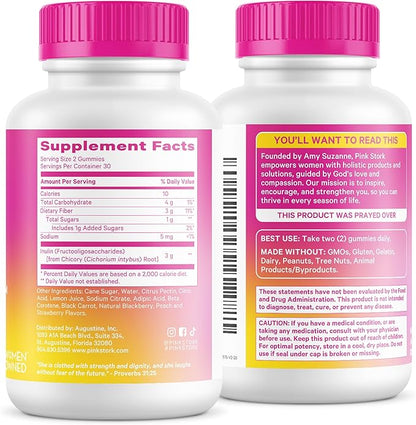 Pink Stork Prenatal Fiber Gummies for Women - 3g Prebiotic Inulin from Chicory Root - Natural Pregnancy & Postpartum Stool Softeners for Constipation & Digestive Health - 60 Vegan Fiber Chews