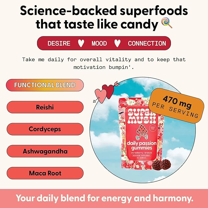 SuperMush Horny Goat Weed Gummies - Horny Goatweed for Men & Women with Cordyceps, Reishi & Maca Root - Maximize Blood Flow, Ignite Feel-Good Vibes & Lasting Energy