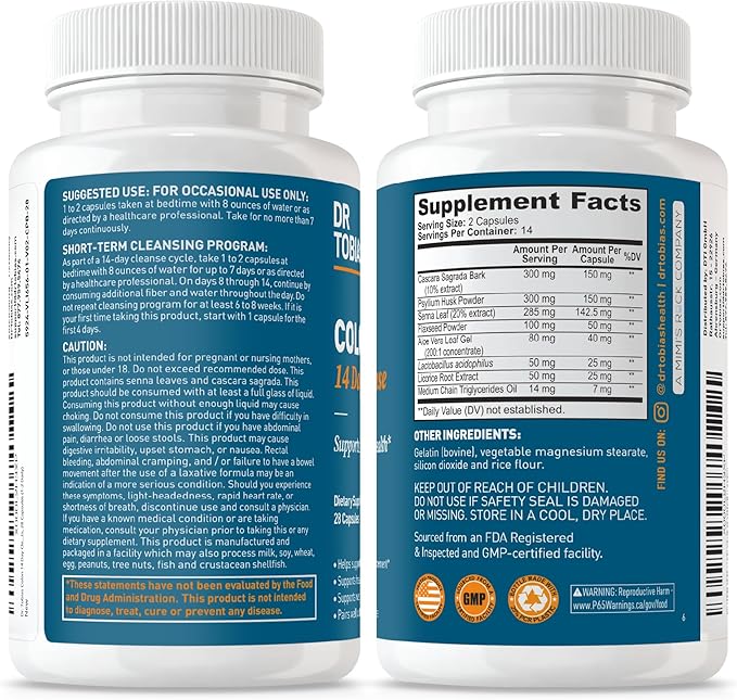 Dr. Tobias Colon Cleanse - Constipation Relief & Gut Health Support for Women & Men | 14 Day Colon Cleanser for a Gentle Colon Detox & Gut Flush - 28 Capsules (1-2 Daily)
