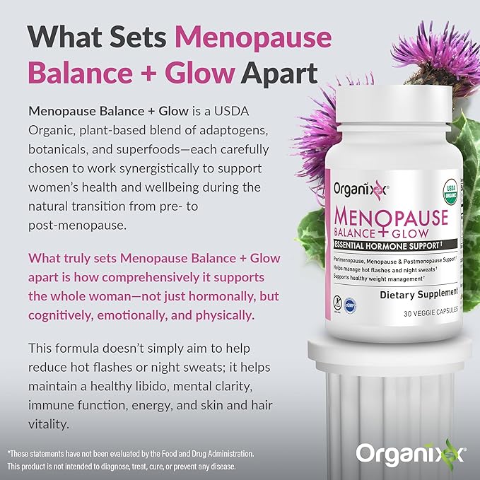 Organixx Menopause Balance + Glow, Womens Supplement with Ashwagandha, Reishi Mushroom, and Milk Thistle, Plant Based Adaptogens and Superfood Blend, Dairy, Soy & Gluten Free, Non GMO, 30 Capsules
