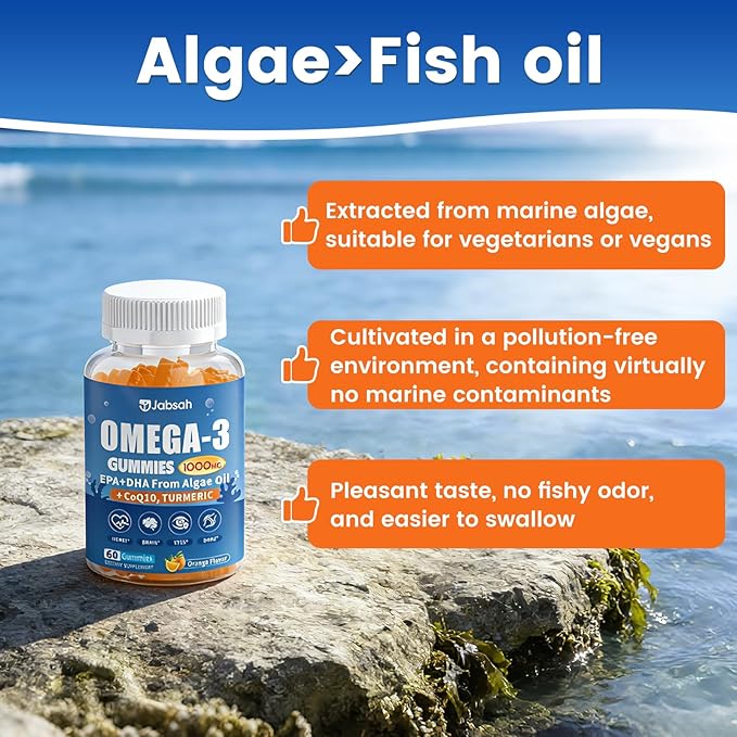 Vegan Omega-3 Gummies 1000mg from Algae Oil (DHA 460mg & EPA 230mg), Omega 3 Fish Oil Alternative for Adults, Plus Turmeric & CoQ10 for Brain, Eye & Immune Health, No Fishy Taste, Sugar Free, 60 Cts