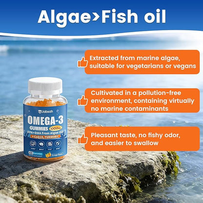 Vegan Omega-3 Gummies 1000mg from Algae Oil (DHA 460mg & EPA 230mg), Omega 3 Fish Oil Alternative for Adults, Plus Turmeric & CoQ10 for Brain, Eye & Immune Health, No Fishy Taste, Sugar Free, 60 Cts
