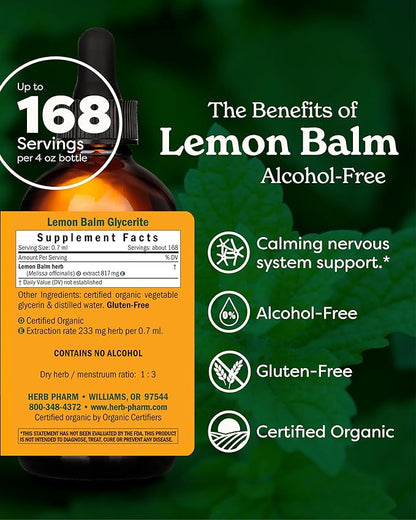 Herb Pharm Certified Organic Lemon Balm Liquid Extract for Calming Nervous System Support, Alcohol-Free Glycerite, 4 Ounce