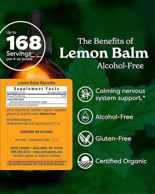 Herb Pharm Certified Organic Lemon Balm Liquid Extract for Calming Nervous System Support, Alcohol-Free Glycerite, 4 Ounce