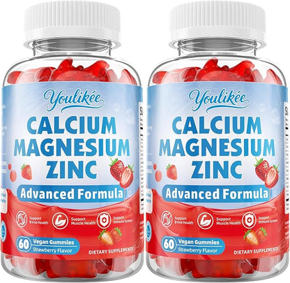2 Pack Calcium Magnesium Zinc Gummies for Adult, Calcium Citrate with Vitamin D3, High Absorption Calcium Magnesium Supplement for Women & Men, Sugar-Free, Strawberry Flavor, 120 Count