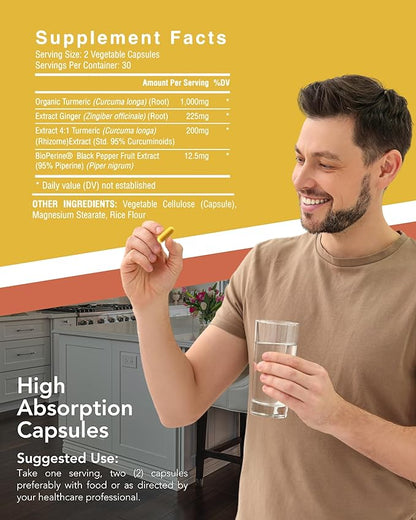 Organic Turmeric & Ginger Capsules - Turmeric Curcumin with Ginger & BioPerine, 95% Curcuminoids - Joint, Digestion, Immunity Support, Black Pepper Extract for Increased Absorption