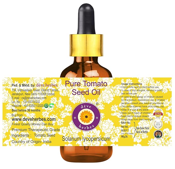 Deve Herbes Tomato Seed Oil (Solanum lycopersicum) with Glass Dropper | Cold Pressed | Pure | Natural | For Diluting Essential oils | For Skin & Massage | Non-Sticky| Lightweight| Unisex | 30ml (1 oz)