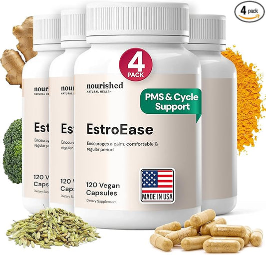 Nourished Natural Health EstroEase – Hormone Balance for Women, Menstrual Cycle and PMS Support Supplement for Women - PMS Relief from Cramps, Bloating and Mood Swings – Vegan, Non-GMO – 240 Capsules
