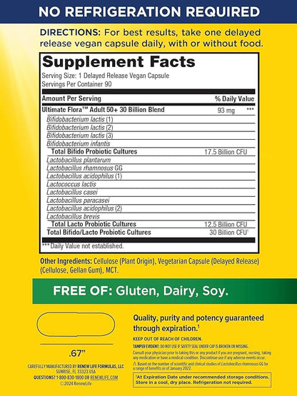 Renew Life Probiotic Adult 50 Plus Probiotic Capsules, Daily Supplement Supports Urinary, Digestive and Immune Health, L. Rhamnosus GG, Dairy, Soy and gluten-free, 30 Billion CFU, 90 Count