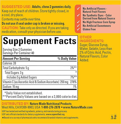 Nature Made Vitamin C 250 mg Per Serving, Dietary Supplement for Immune Support, Vitamin C Gummies for Adults, 80 Gummies, 40 Day Supply