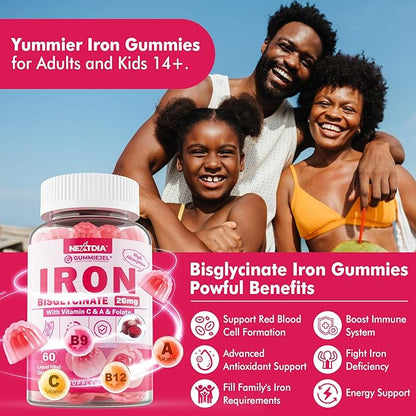 Iron Gummies for Women & Men, Iron Bisglycinate Gummies 26mg, Plus Vitamin C, Folate, Beet Root, B12 & Zinc,High Absorption Iron Supplement for Iron Deficiency, Immune & Energy Boost, Sugar-Free 60Cts