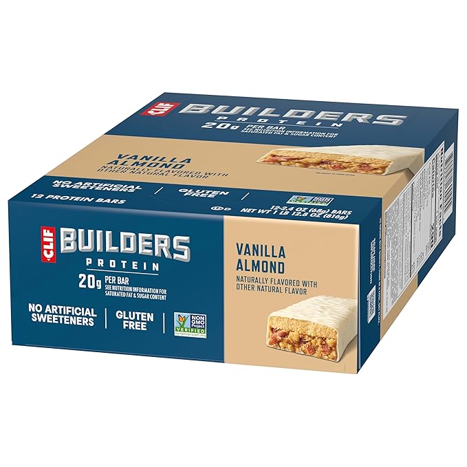 CLIF BUILDERS Protein Bars - Vanilla Almond Flavor - 20g Plant Based Protein - Gluten Free - Non-GMO - Low Glycemic - No Artificial Sweeteners - 2.4 oz. (12 Pack)