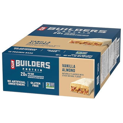 CLIF BUILDERS Protein Bars - Vanilla Almond Flavor - 20g Plant Based Protein - Gluten Free - Non-GMO - Low Glycemic - No Artificial Sweeteners - 2.4 oz. (12 Pack)