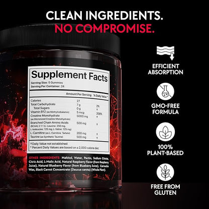 Creatine Monohydrate Gummies Complex 5000 MG for Men & Women, Preworkout Gummy with BCAA, L-Carnitine, Taurine & Vitamin B12 for Muscle Growth, Strength & Energy Support , Flavored and Chewable