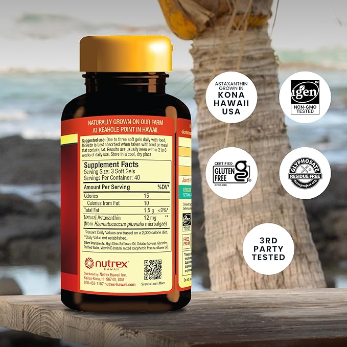 Nutrex Hawaii BioAstin Hawaiian Astaxanthin - 4mg, 120 Softgels - Farm-Direct Premium Antioxidant Supplement to Support Eye, Skin, Joint & Immune System Health - Non-GMO & Gluten-Free