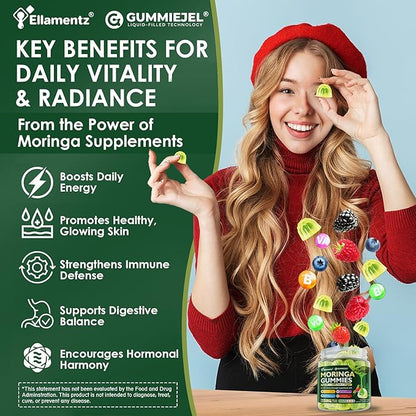 Moringa Gummies 1000mg for Women & Men Sugar-Free, 13-in-1 Superfood with Turmeric, Ashwagandha, Trans-Resveratrol, VB12 D3, Pure Moringa Leaf Supplement for Energy, Immune, Skin,Antioxidant, 60 Chews