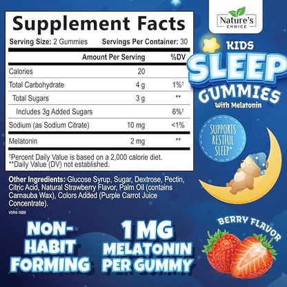 Nature's Choice Kids Sleep Gummies - 2mg Melatonin Per Serving - Children's Sleep Gummy, Non-Habit Forming, Works with Natural Sleep Cycle, Calm & Drug-Free, Tasty Natural Berry Flavor, 60 Gummies