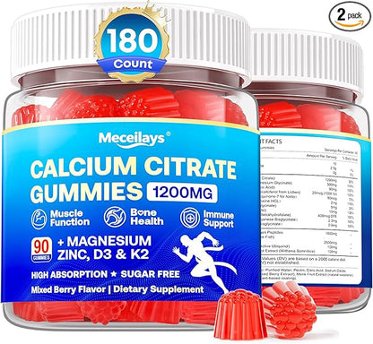 180 Count Calcium Citrate Gummies 1200 mg with Vitamin D3, K2, Magnesium & Zinc, High Absorption Calcium Supplements for Women & Men for B0ne, Muscle & Immune Support, Sugar Free, Mixed Berry Flavor