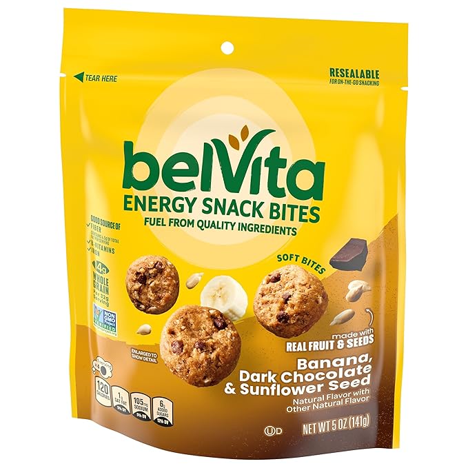 belVita Energy Snack Bites, Banana, Dark Chocolate and Sunflower Seed, 5 oz Bag (Pack of 2)