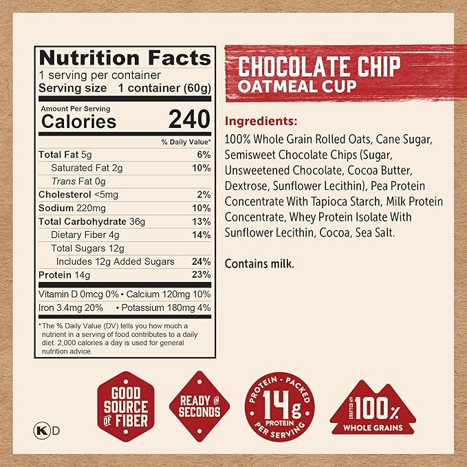 Kodiak Cakes Instant Protein Chocolate Chip Oatmeal in a Cup, 2.12oz (Pack of 12)