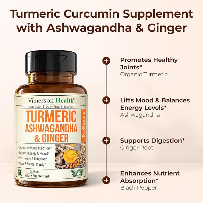 Ashwagandha Organic Turmeric Curcumin Supplement with Ginger Root & Black Pepper – Joint Health, Energy & Immune Support – Antioxidant Blend with 95% Curcuminoids – 60 Capsules