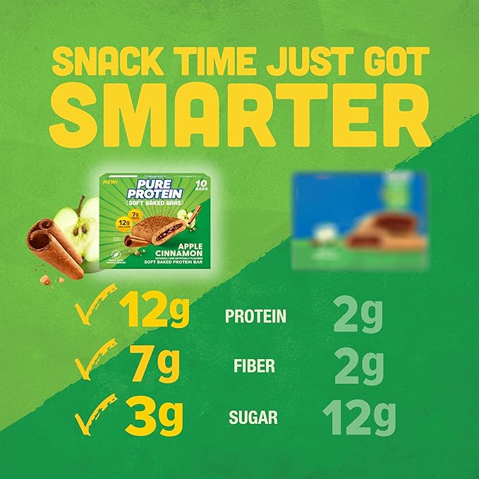 Pure Protein Apple Cinnamon Soft Baked Protein Bars – 12g Protein, 7g Fiber, Whole Grain Breakfast Bars, High Fiber, Individually Wrapped Protein Snacks for On-the-Go – 10 Count