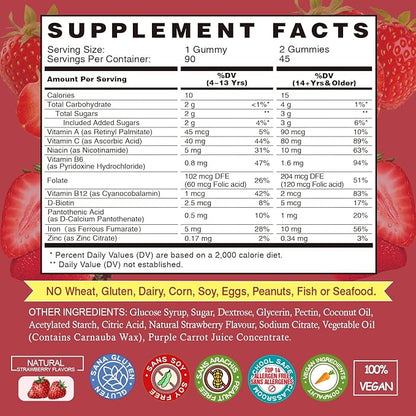 Iron Gummies Supplements for Kids & Women - Multivitamin with Iron for Blood Healthy, Great Tasting Vitamins Gummy with Vitamin C for Max Absorption - Strawberry (3 Packs)