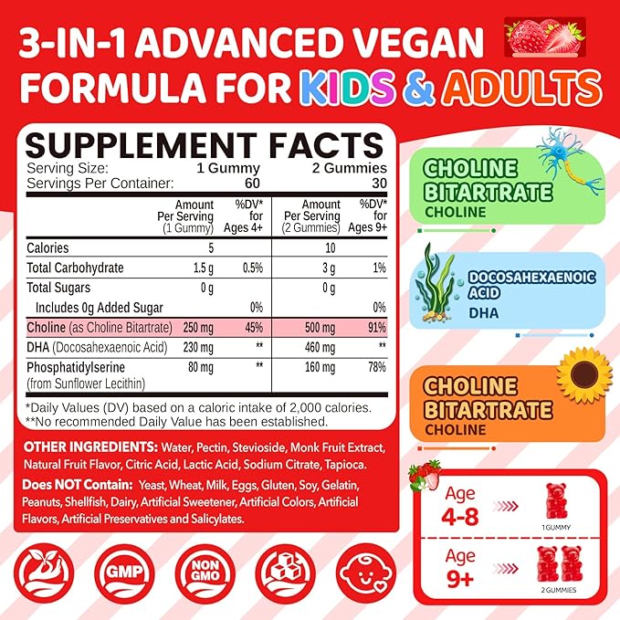 Choline Gummies for Kids & Adults, Choline Supplements 500mg with DHA, Phosphatidylserine for Brain Health, Focus, Immune Support, Sugar-Free, Vegan, Strawberry Flavor, 60 Gummies