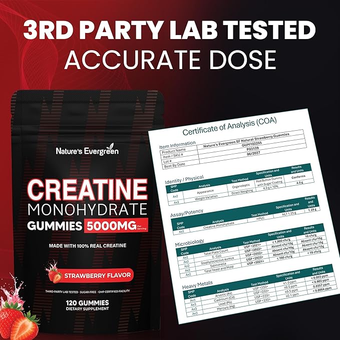 Creatine Monohydrate 5000mg Gummies, Pre-Workout 5g Creatine Gummy Supplement for Men & Women: Muscle Builder & Energy Boost, Sugar Free, Vegan, Strawberry Flavor, (120 Count) Made in USA