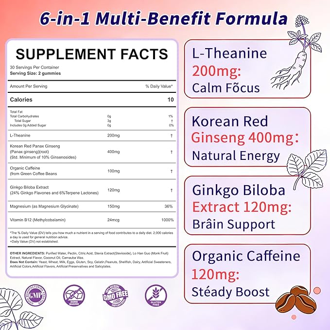 Vegan L-Theanine Gummies 200mg with Caffeine(100mg), Korean Red Ginseng & Ginkgo Biloba- Brain Supplement for Focus, Memory & Energy, Sugar-Free, No Jitters, 120 Counts