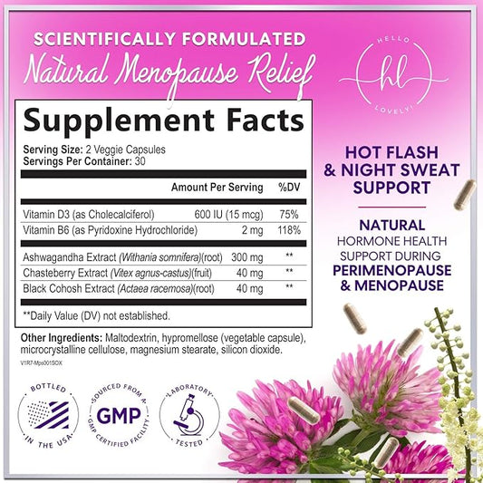 Menopause Supplements for Women - Complete Hot Flash Night Sweats & Menopause Relief Pills, Probiotics with Dong Quai & Black Cohosh for Vaginal, Digestive Support - 60 Capsules