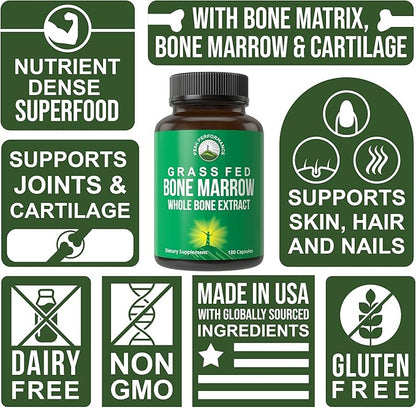 Peak Performance Grass Fed Bone Marrow - Whole Extract Supplement 180 Capsules - Superfood Pills Rich in Collagen, Vitamins, and Amino Acids - from Matrix Cartilage - Ancestral Tablets