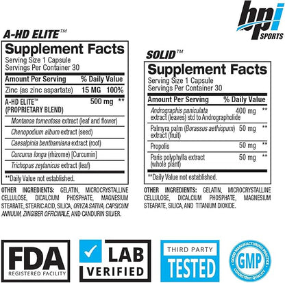 BPI Sports A-HD Elite/Solid Testosterone Booster for Men - Testosterone Supplement for Muscle, Strength, Libido & Performance Support - Promotes Natural Fat Loss – 30 Servings – 550mg