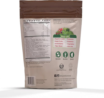 Country Farms Super Greens Chocolate Flavor, 50 Organic Super Foods, USDA Organic Drink Mix (Wheat Grass, Spirulina, Chlorella) Mushrooms & Probiotics, with Fiber, Natural Energy, 30 Servings